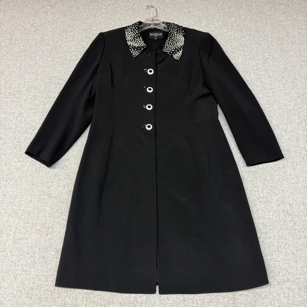 Ecaille Paris Coat 46 Black Silk Polka Dot Collar Rhinestone Button Made France